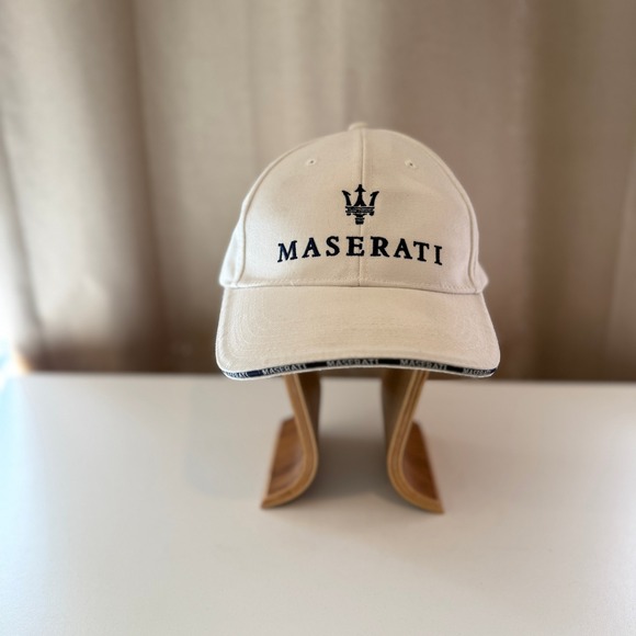Maserati Baseball Cap Cream Off-White Trident Logo Adjustable Strapback Hat